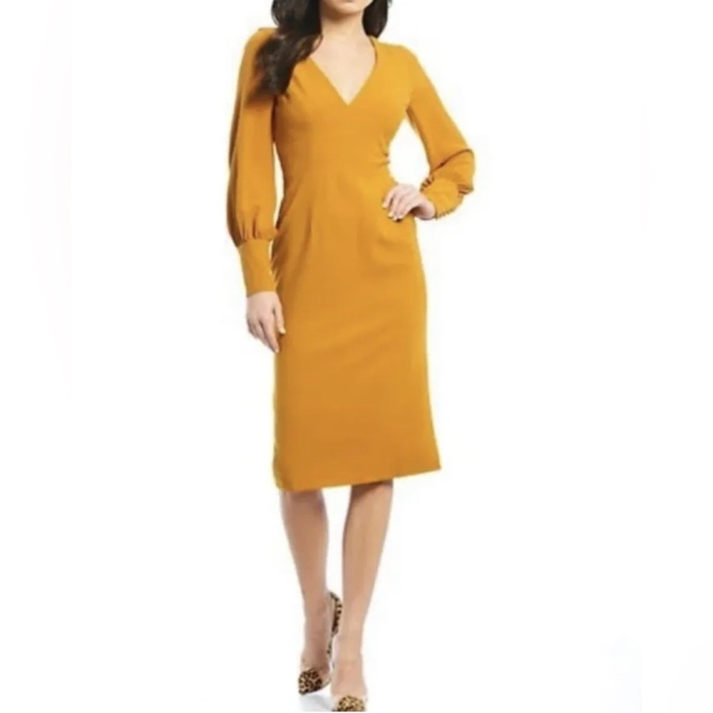 Dress the Population Mustard Midi V-Neck Long Sleeve Dress